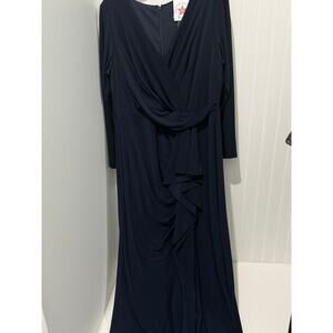 Betsy & Adam Metallic Long Sleeve Ruffle Side Slit Gown